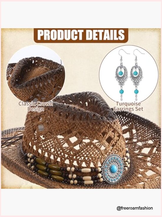Western Straw Cowboy Hat with Decorative Bands and Earrings Cowgirl Sun Hat for main image 6